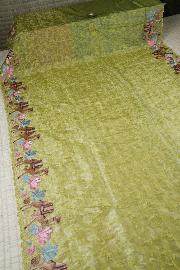 Pear Green Organza Saree with Without Zari Zari Buttis (small Dots Or Motifs) view 2