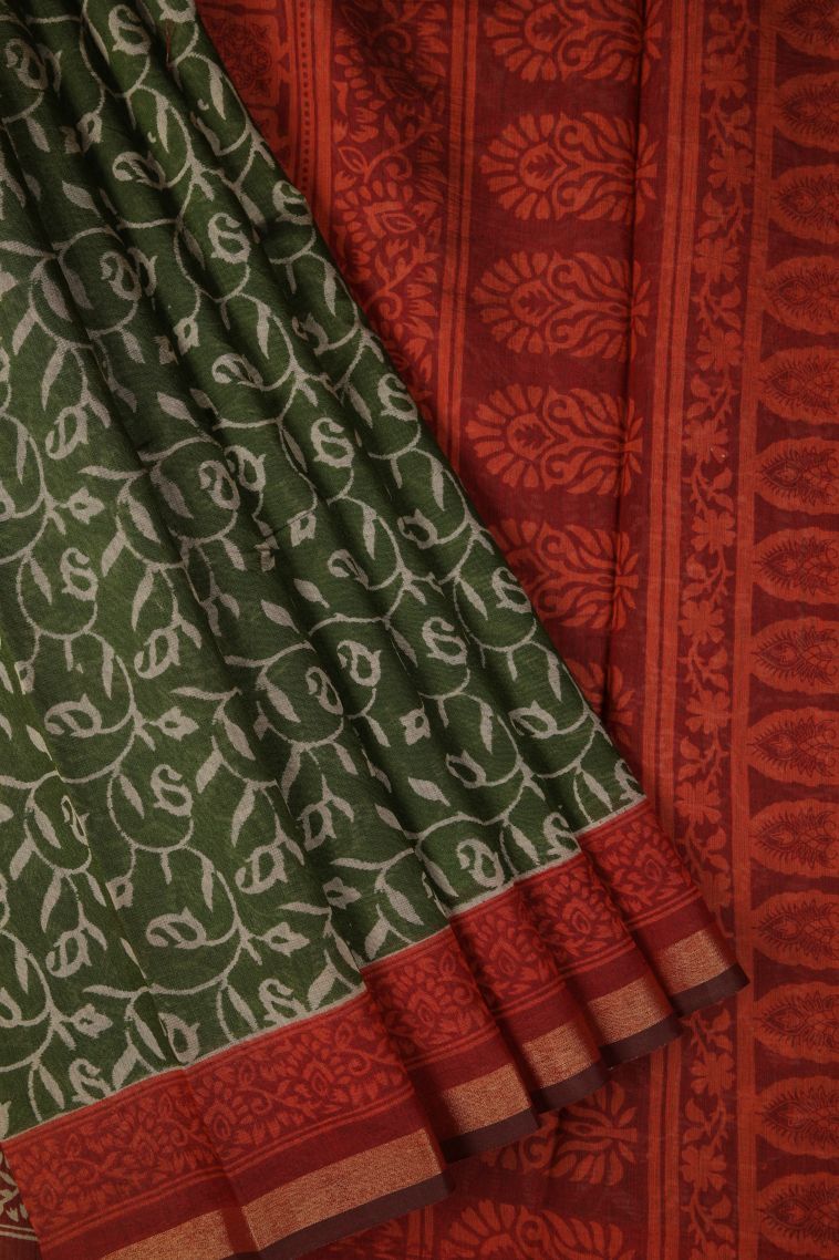 Moccon Green Chanderi Cotton Sarees with Without Zari Zari Geometric Shapes view 1