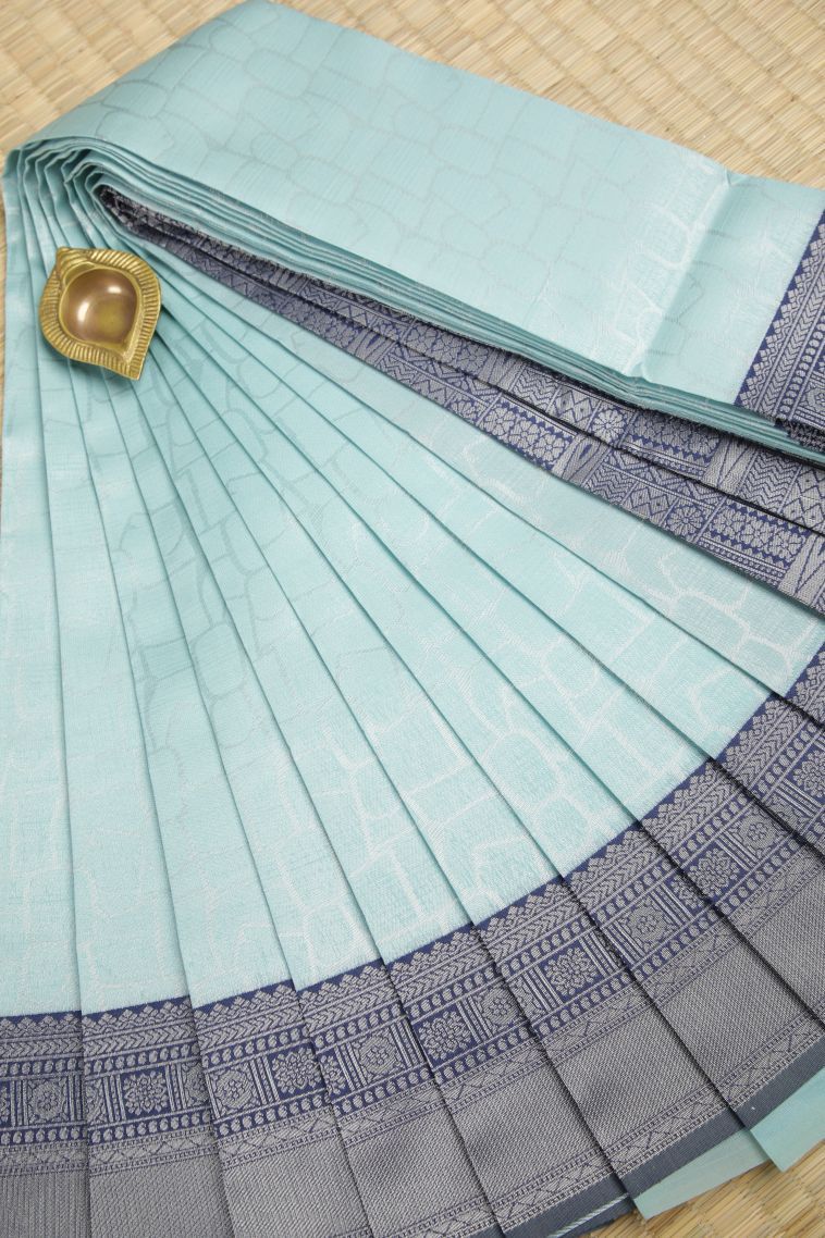 Sky Blue Visiri Madippu Silk Sarees with Silver Zari Geometric Shapes view 1