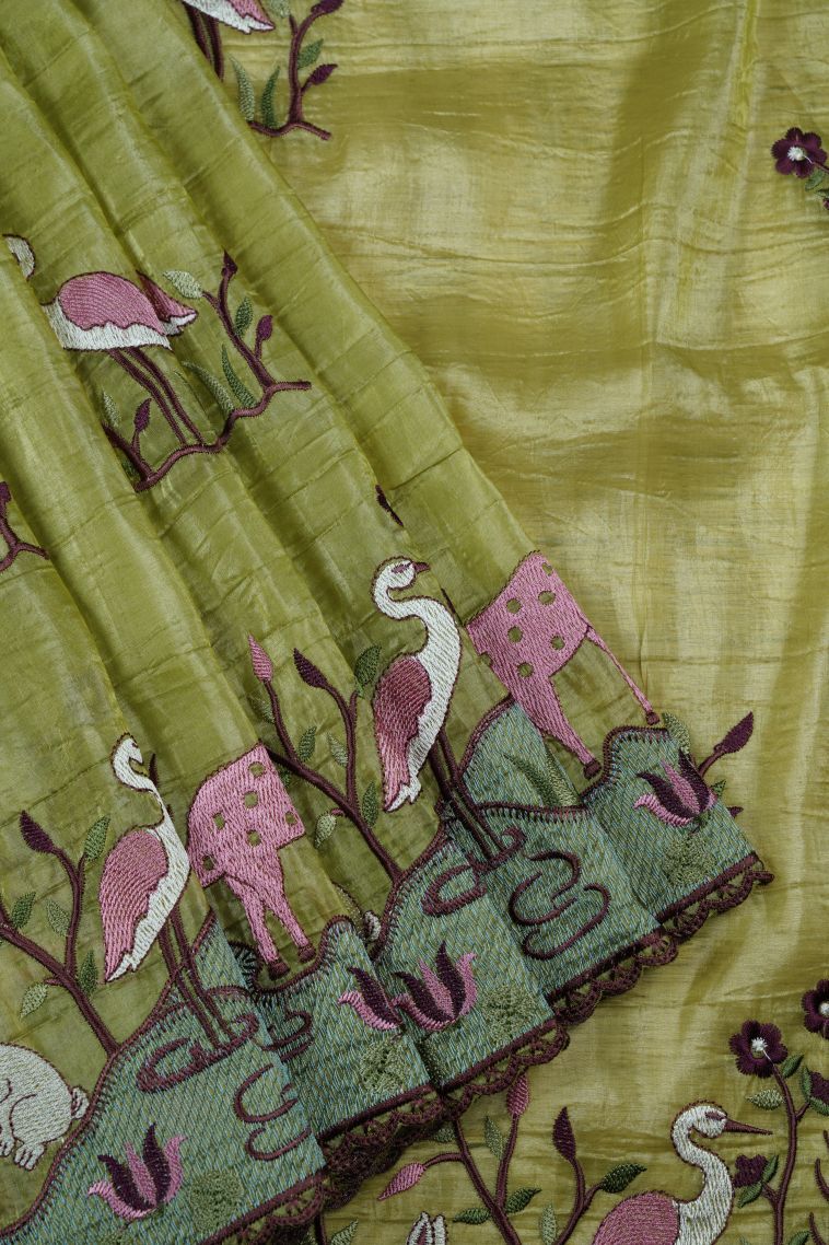 Moccon Green Tussar Saree with Without Zari Zari Buttis (small Dots Or Motifs) view 1