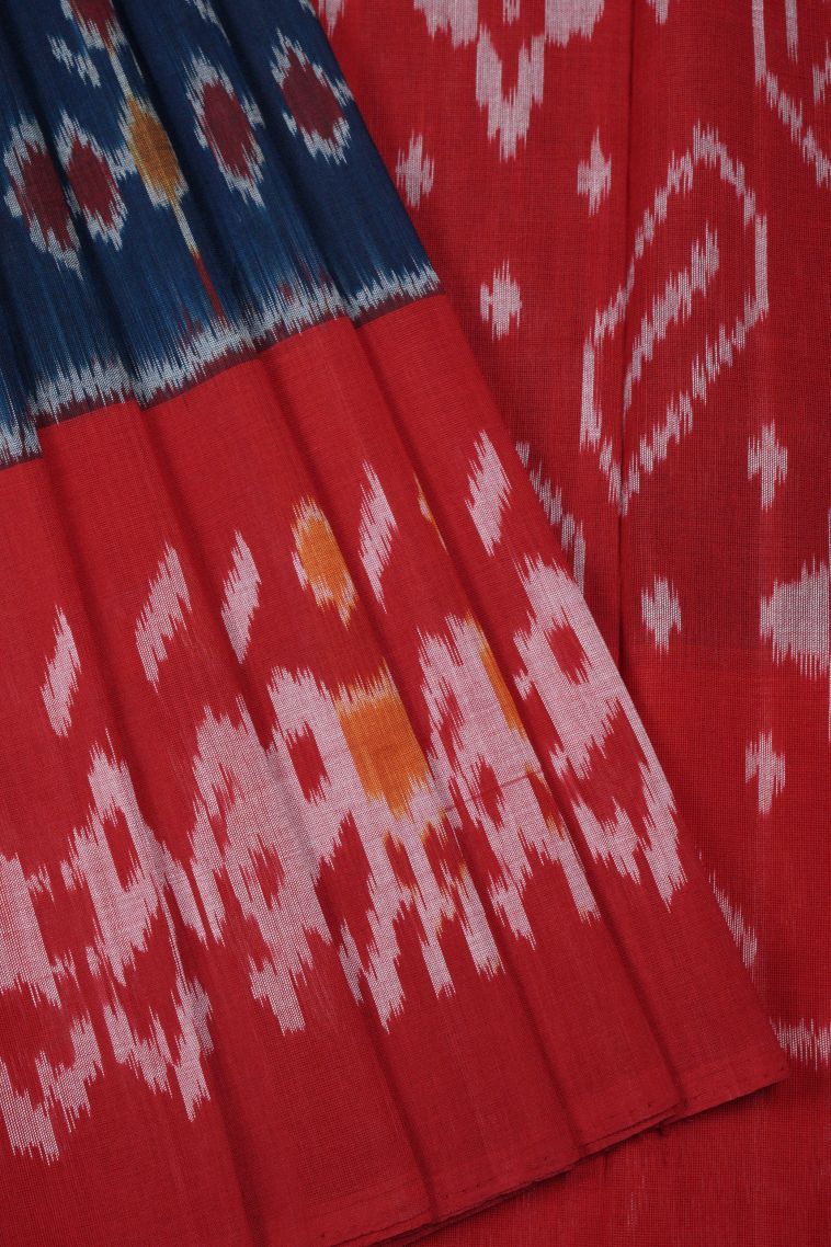 Berry Blue Ikkat Cotton Sarees with Without Zari Zari Geometric Shapes view 1