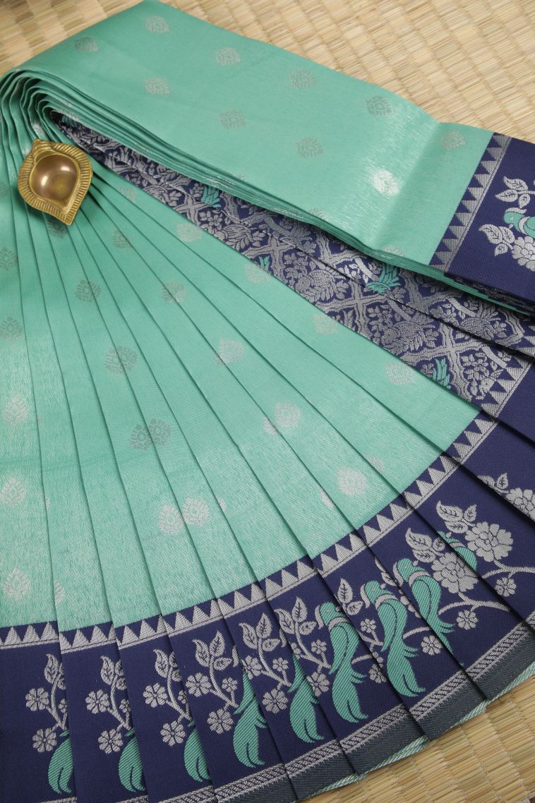 Sky Blue Visiri Madippu Silk Sarees with Silver Zari Buttis (small Dots Or Motifs) view 1