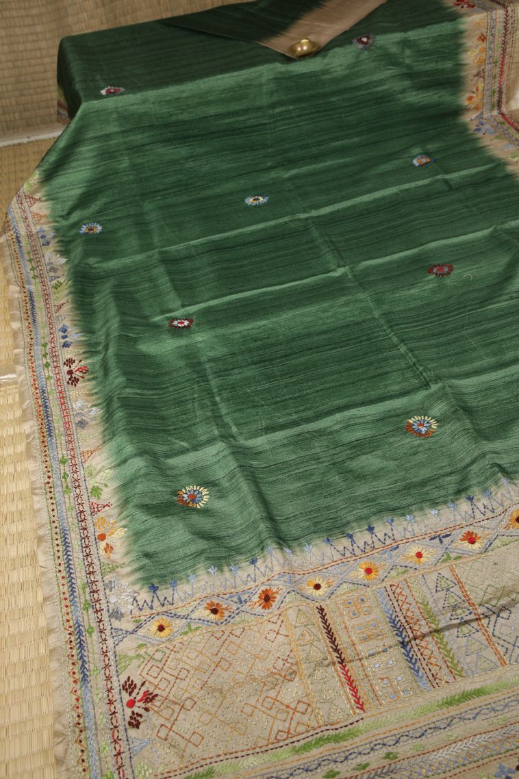 Moccon Green Jute Sarees with Without Zari Zari Buttis (small Dots Or Motifs) view 2