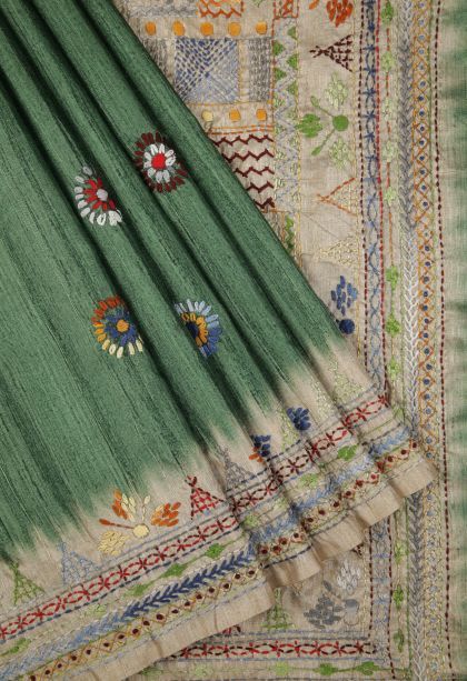 Moccon Green Jute Sarees with Without Zari Zari Buttis (small Dots Or Motifs)