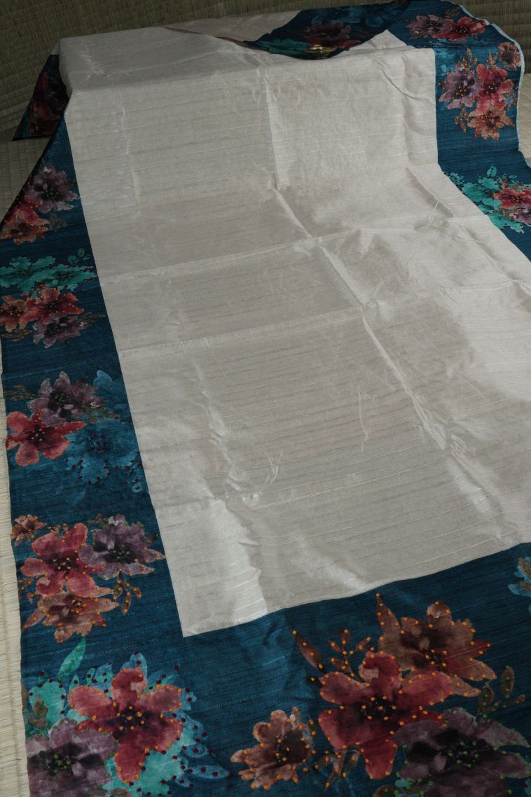 Chiffon White Tussar Silk Saree with Without Zari Zari Plain view 2