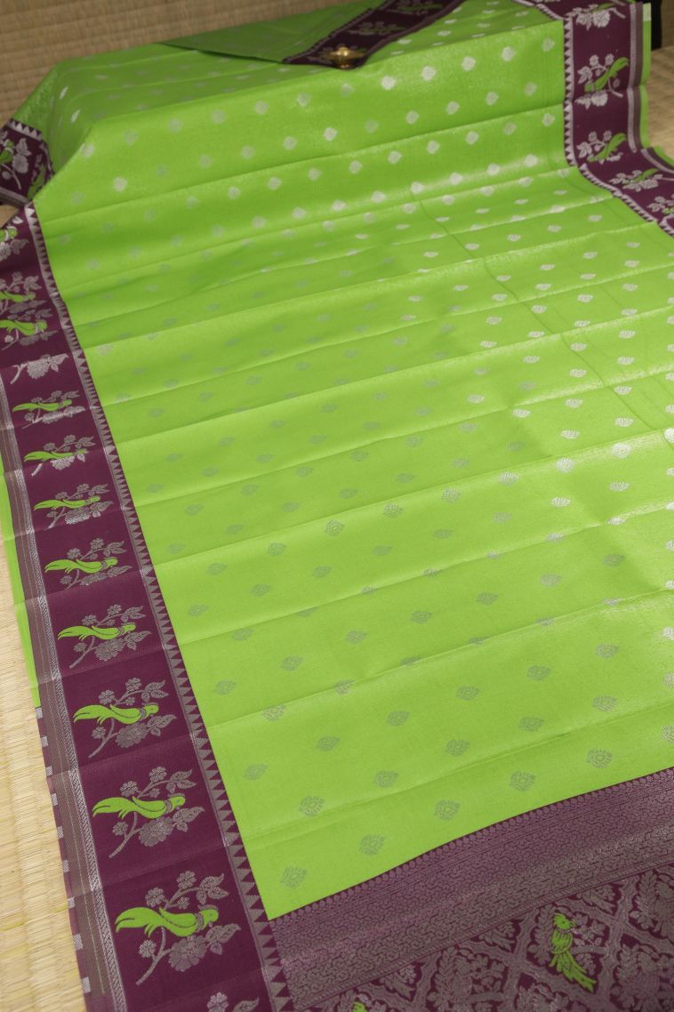 Chartreuse Green Visiri Madippu Silk Sarees with Silver Zari Buttis (small Dots Or Motifs) view 2