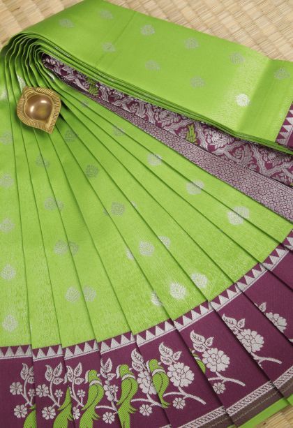 Chartreuse Green Visiri Madippu Silk Sarees with Silver Zari Buttis (small Dots Or Motifs)
