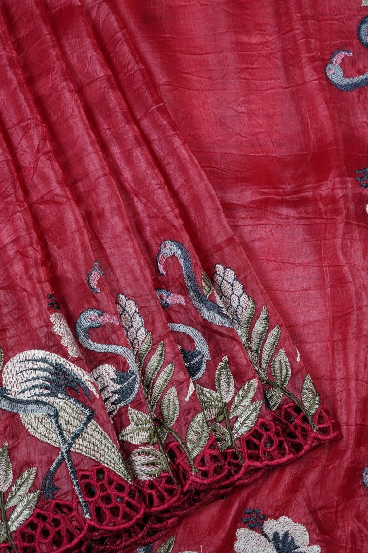 Punch Pink Organza Saree with Without Zari Zari Floral Patterns view 1