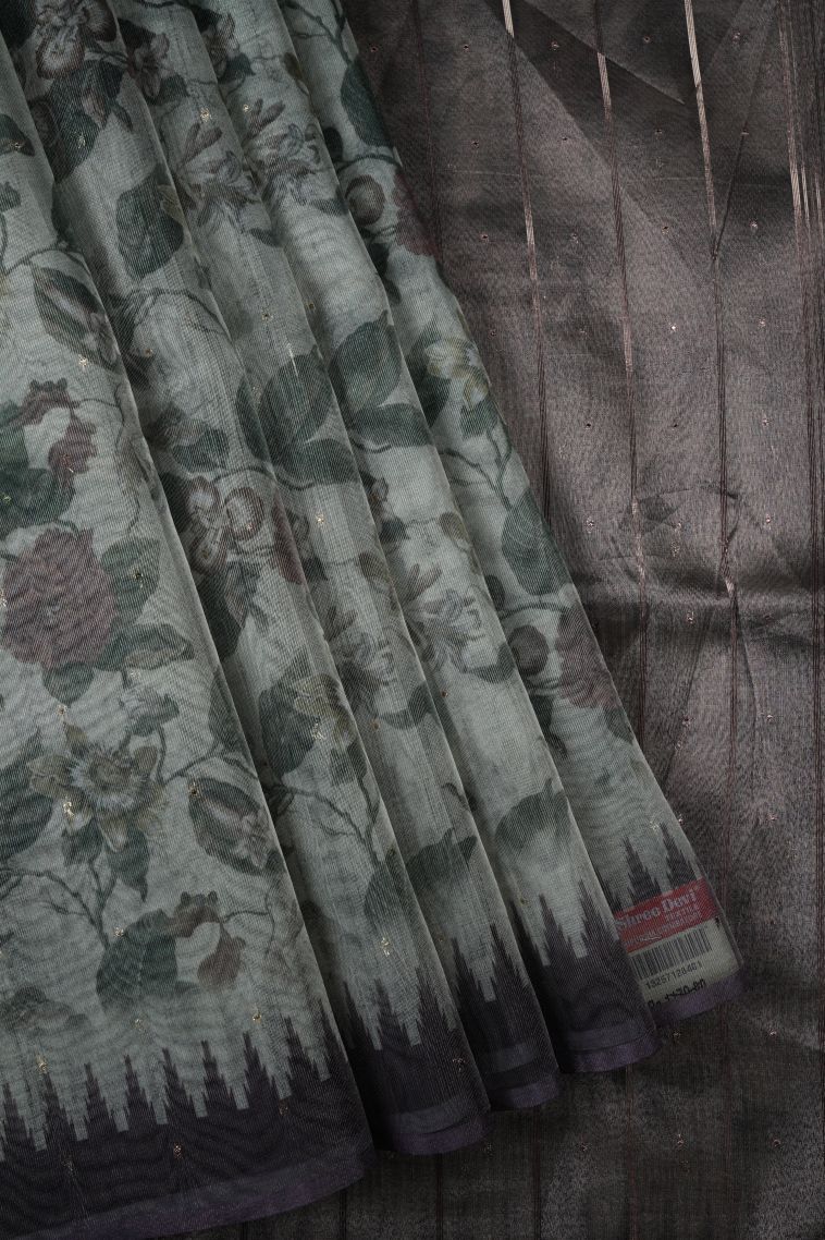 Sage Green Organza Saree with Without Zari Zari Floral Patterns view 1