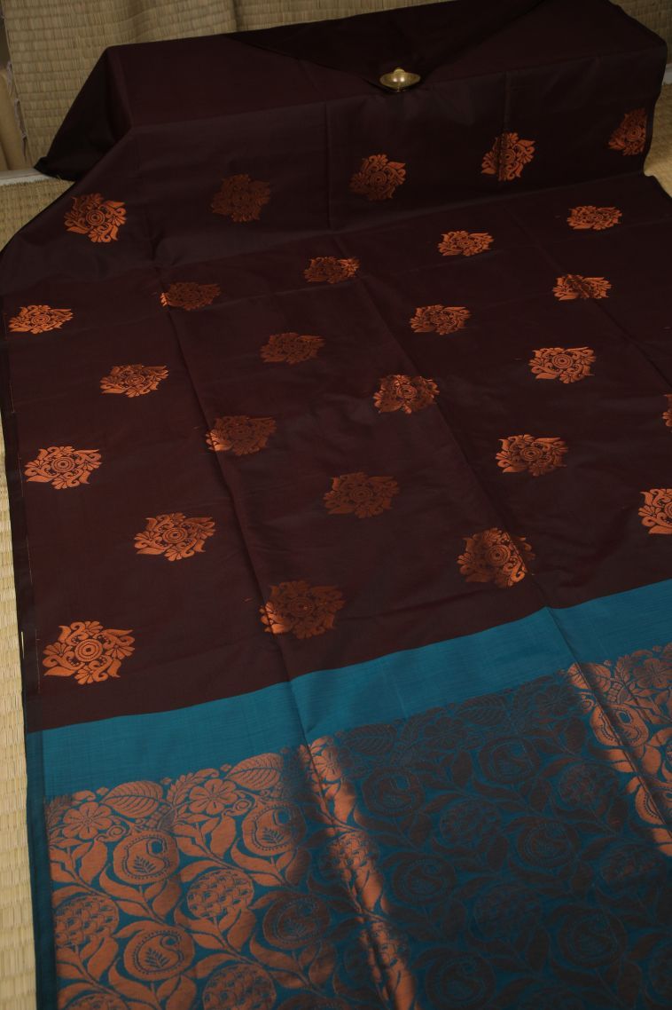 Syrup Brown Soft Silk Saree with Copper Zari Buttis (small Dots Or Motifs) view 2