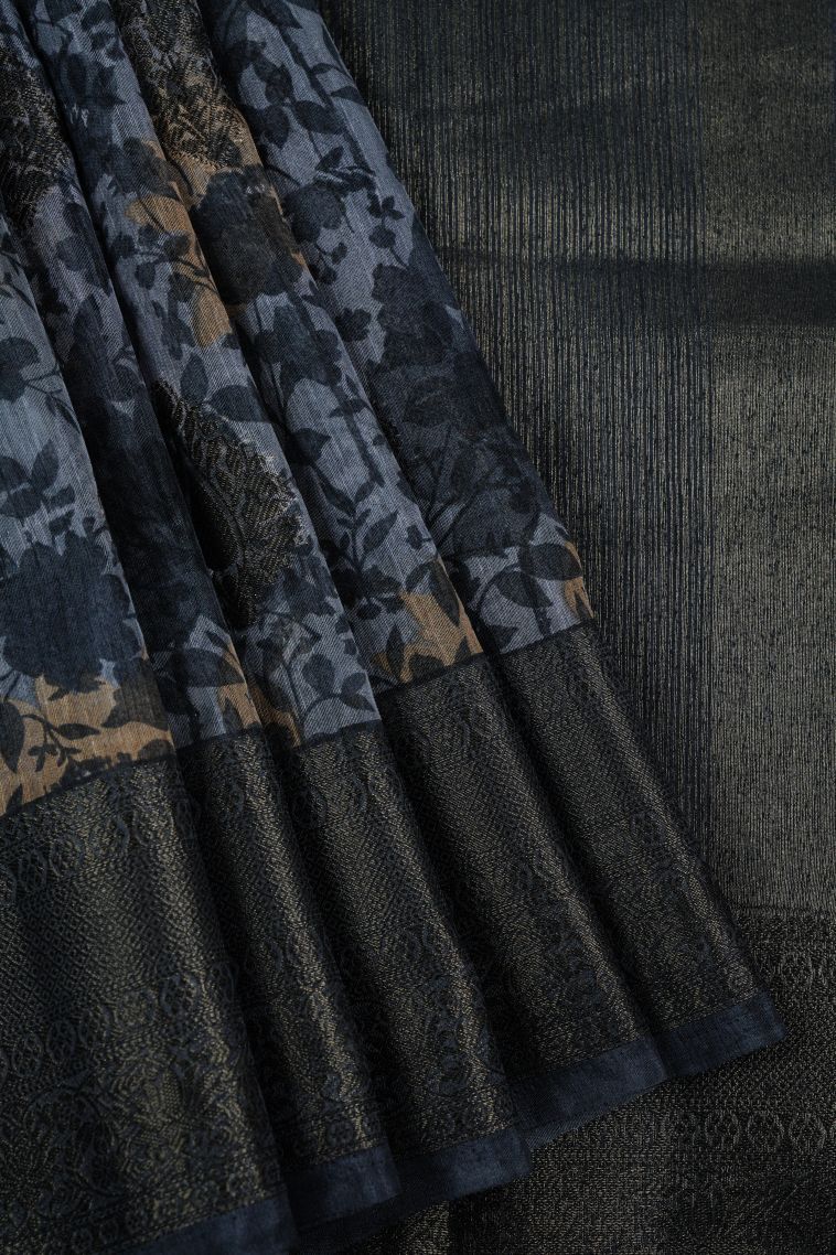 Stone Blue Art Silk with Bronze Zari Floral Patterns view 1