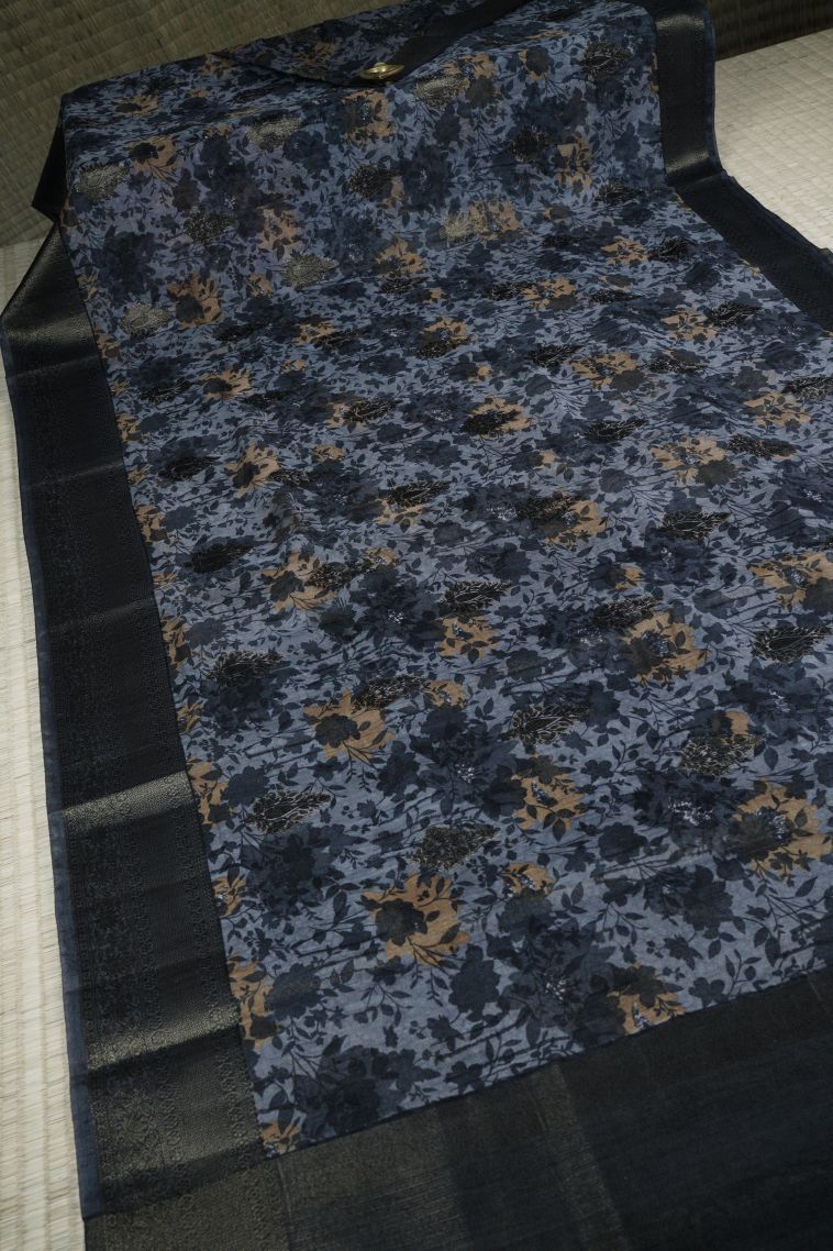 Stone Blue Art Silk with Bronze Zari Floral Patterns view 2