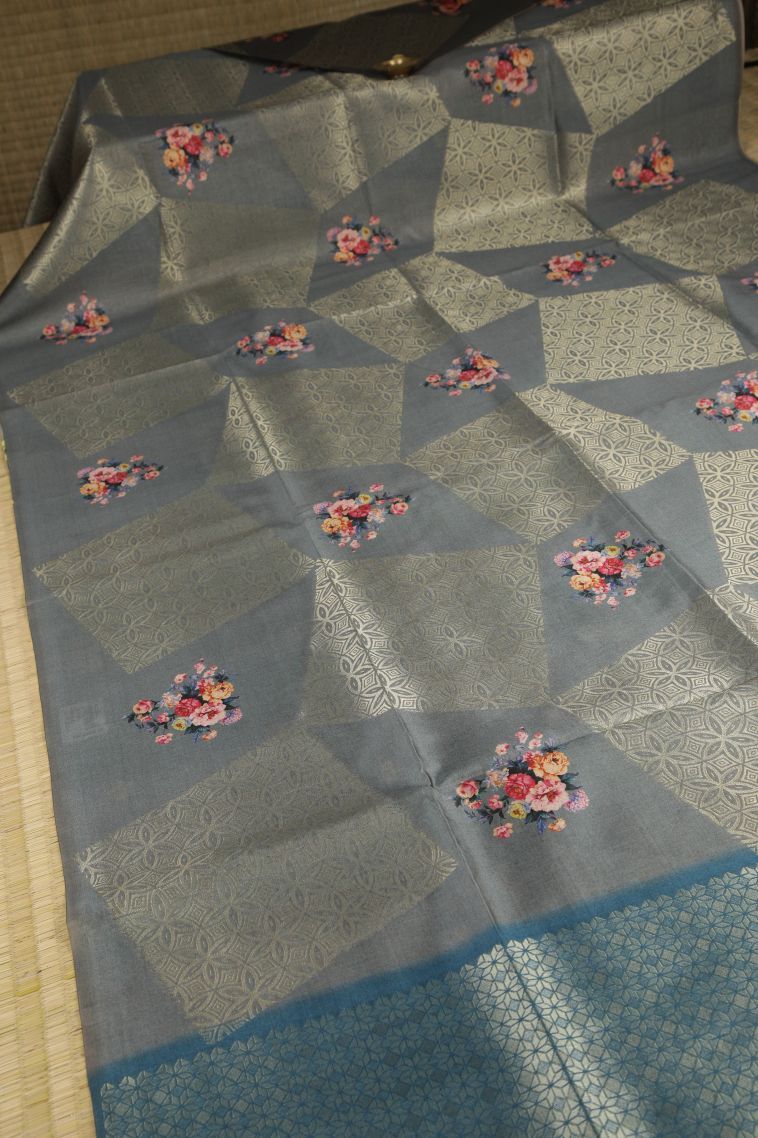 Stone Blue Tussar Saree with Gold Zari Floral Patterns view 2