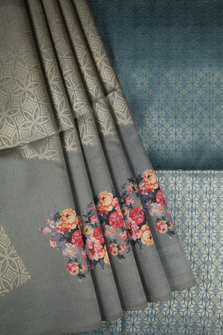 Stone Blue Tussar Saree with Gold Zari Floral Patterns view 1