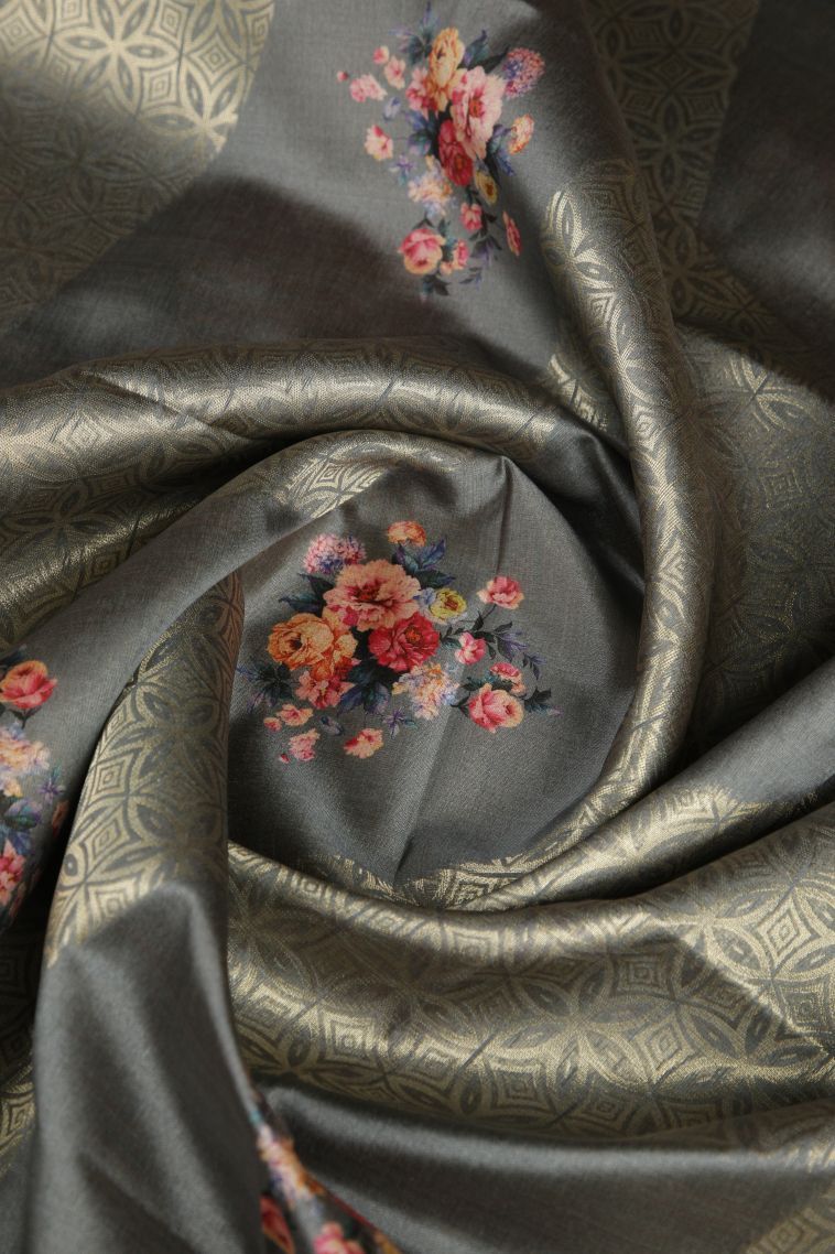 Stone Blue Tussar Saree with Gold Zari Floral Patterns view 4