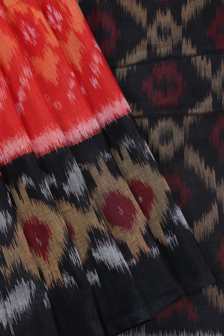 Carrot Orange Ikkat Cotton Sarees with Without Zari Zari Geometric Shapes view 1