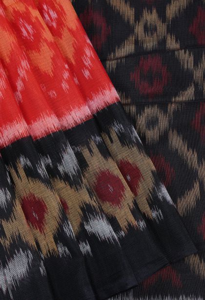 Carrot Orange Ikkat Cotton Sarees with Without Zari Zari Geometric Shapes