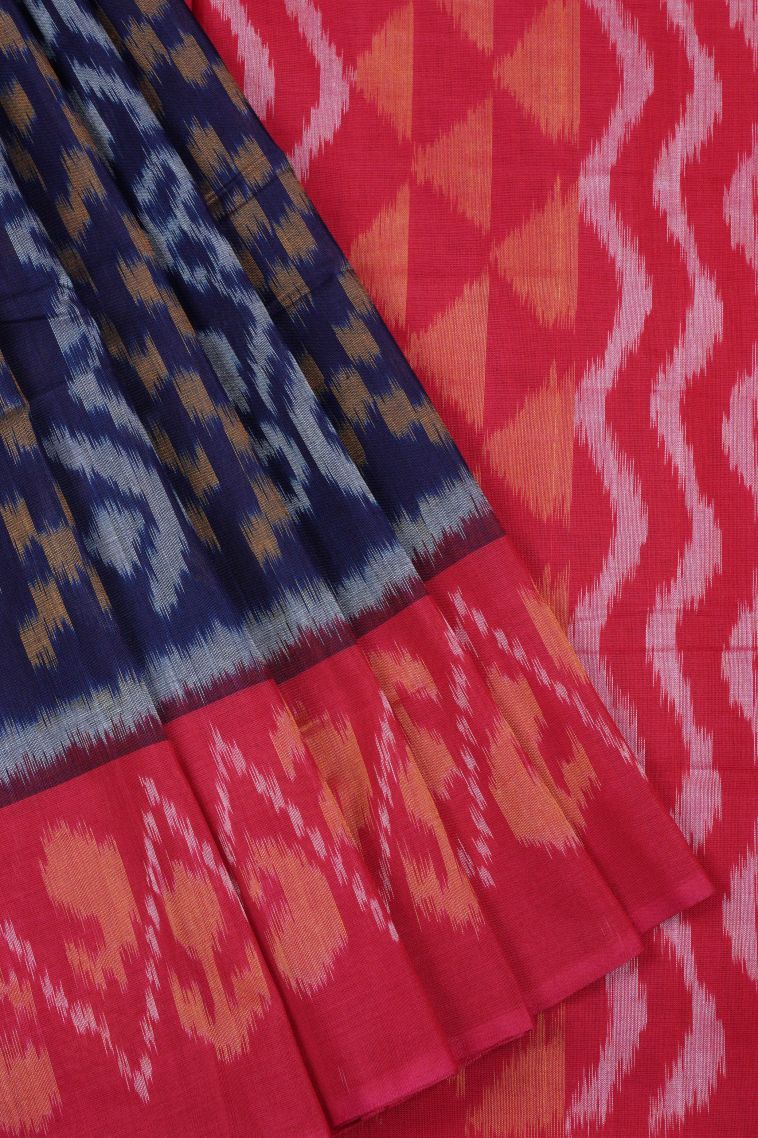 Berry Blue Ikkat Cotton Sarees with Without Zari Zari Geometric Shapes view 1