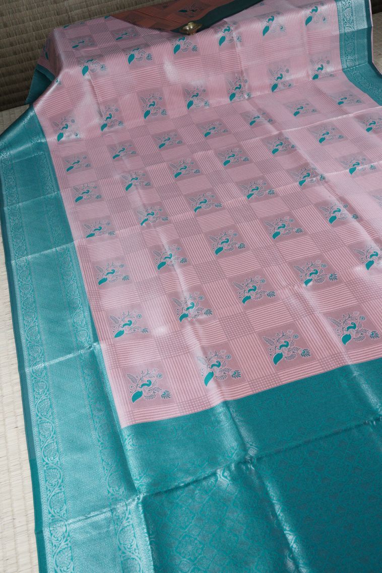 Blush Pink Apoorva Silk Sarees with Silver Zari Checks view 2