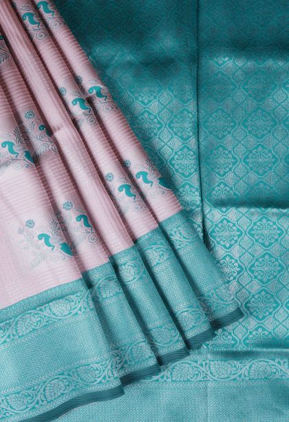 Blush Pink Apoorva Silk Sarees with Silver Zari Checks