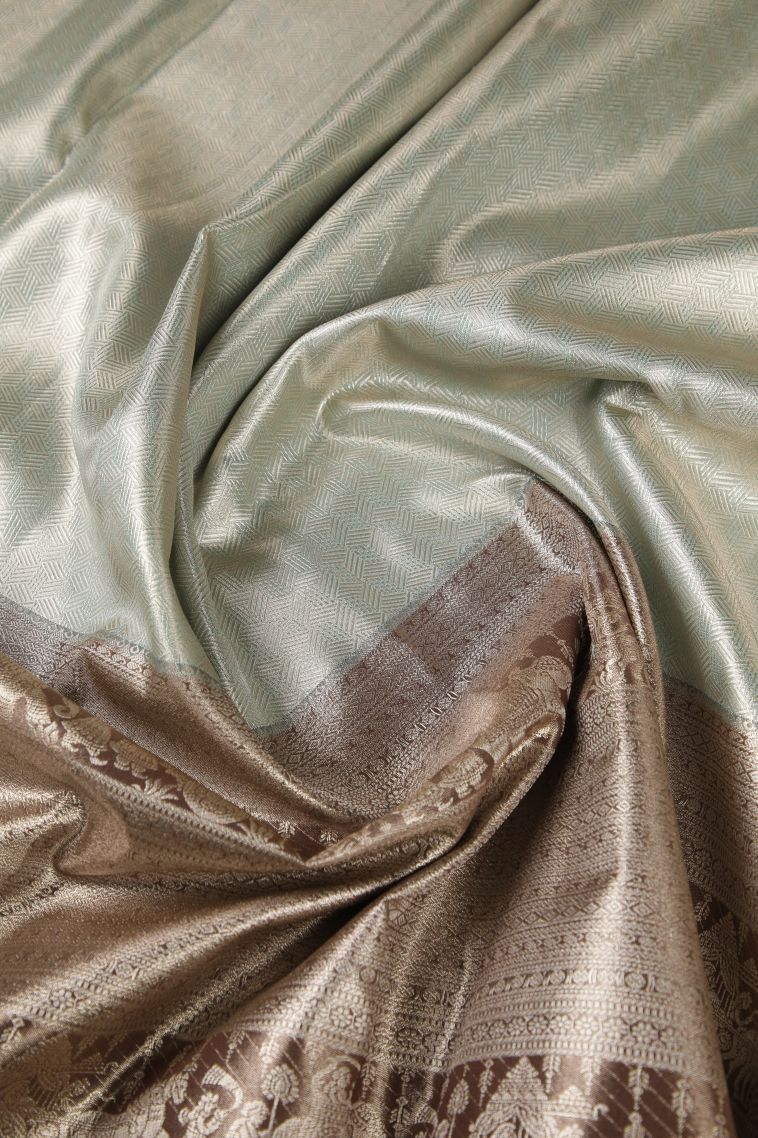 Pistachio Green Tissue Silk Sarees with Silver Zari Floral Patterns view 4