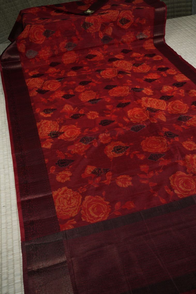 Berry Red Art Silk with Bronze Zari Floral Patterns view 2