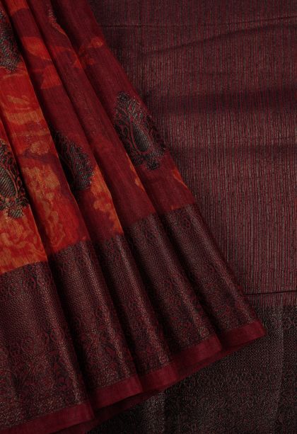 Berry Red Art Silk with Bronze Zari Floral Patterns