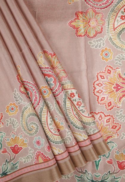 Peach Pink Tussar Saree with Gold Zari Floral Patterns