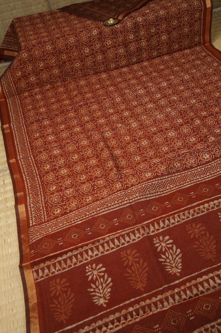 Ginger Orange Chanderi Cotton Sarees with Without Zari Zari Floral Patterns view 2