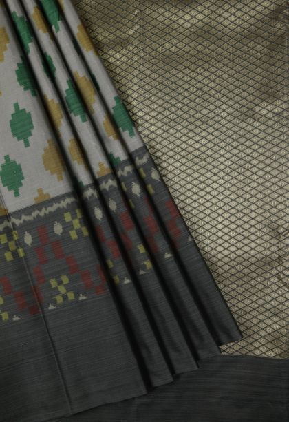 Gray Black Soft Silk Sarees with Without Zari Zari Geometric Shapes