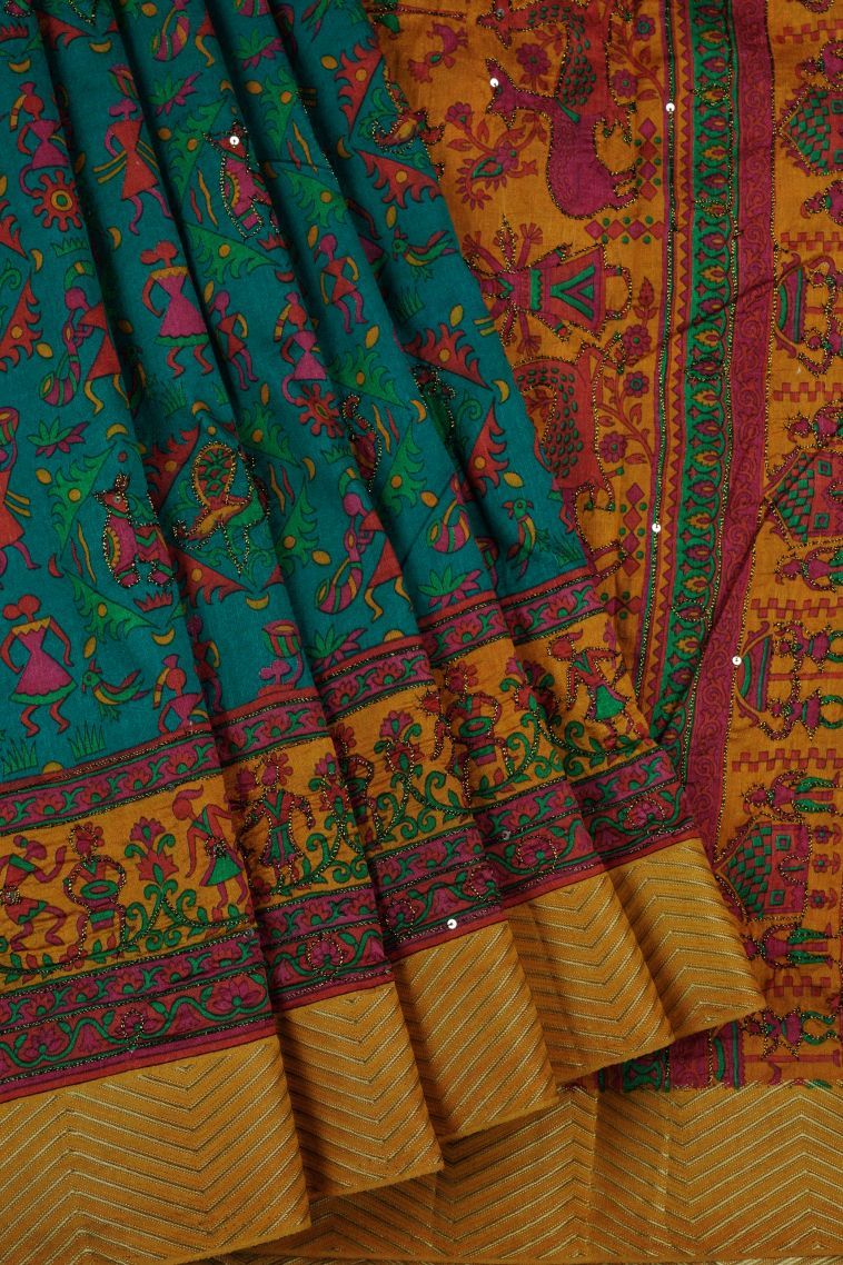 Teal Blue Chanderi Cotton Sarees with Without Zari Zari Floral Patterns view 1