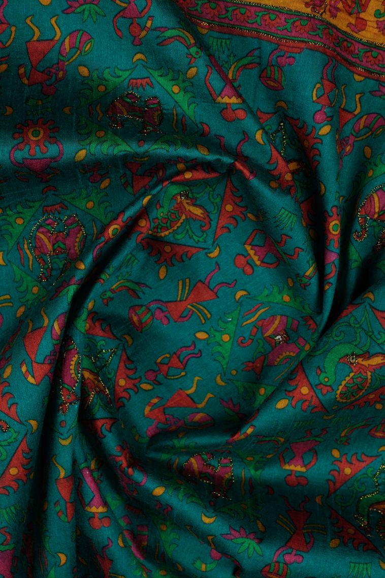 Teal Blue Chanderi Cotton Sarees with Without Zari Zari Floral Patterns view 4