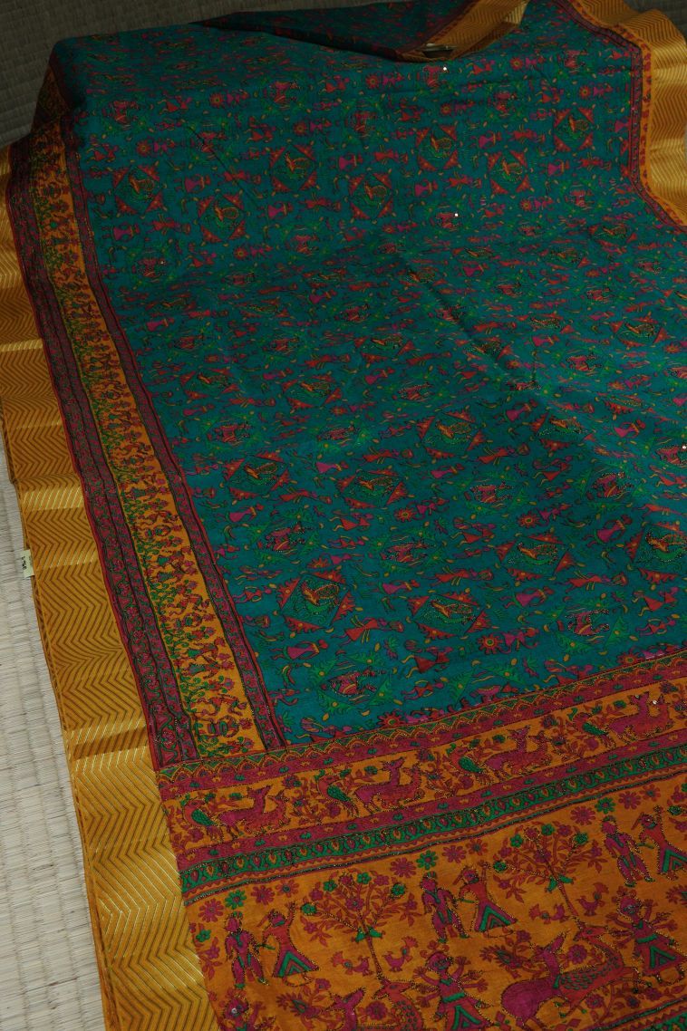 Teal Blue Chanderi Cotton Sarees with Without Zari Zari Floral Patterns view 2