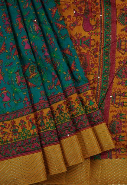 Teal Blue Chanderi Cotton Sarees with Without Zari Zari Floral Patterns