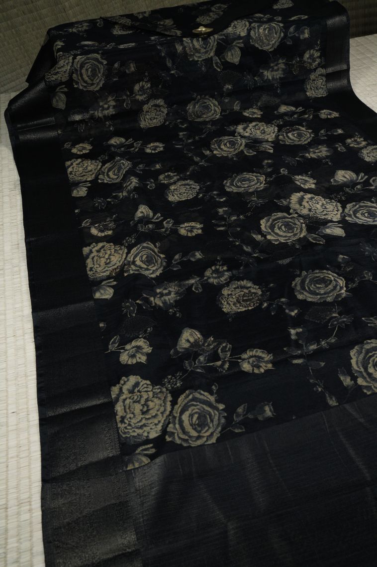 Asphalt Black Art Silk with Bronze Zari Floral Patterns view 2