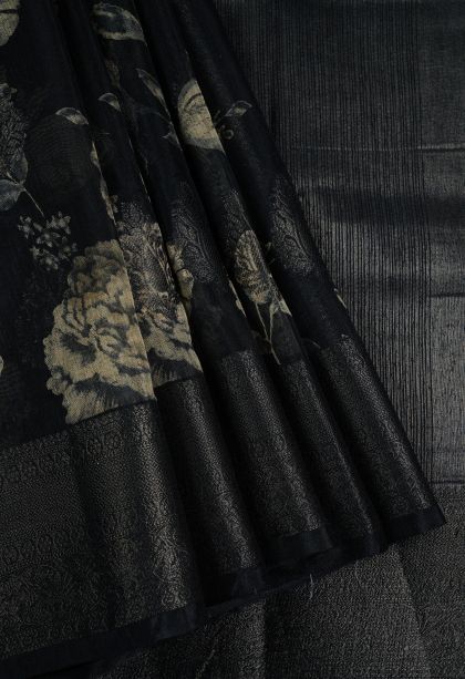 Asphalt Black Art Silk with Bronze Zari Floral Patterns