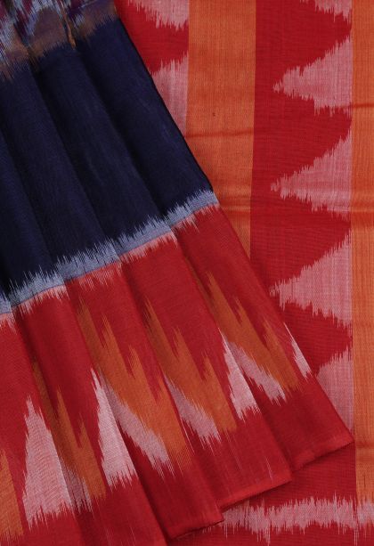 Navy Blue Ikkat Cotton Sarees with Without Zari Zari Geometric Shapes