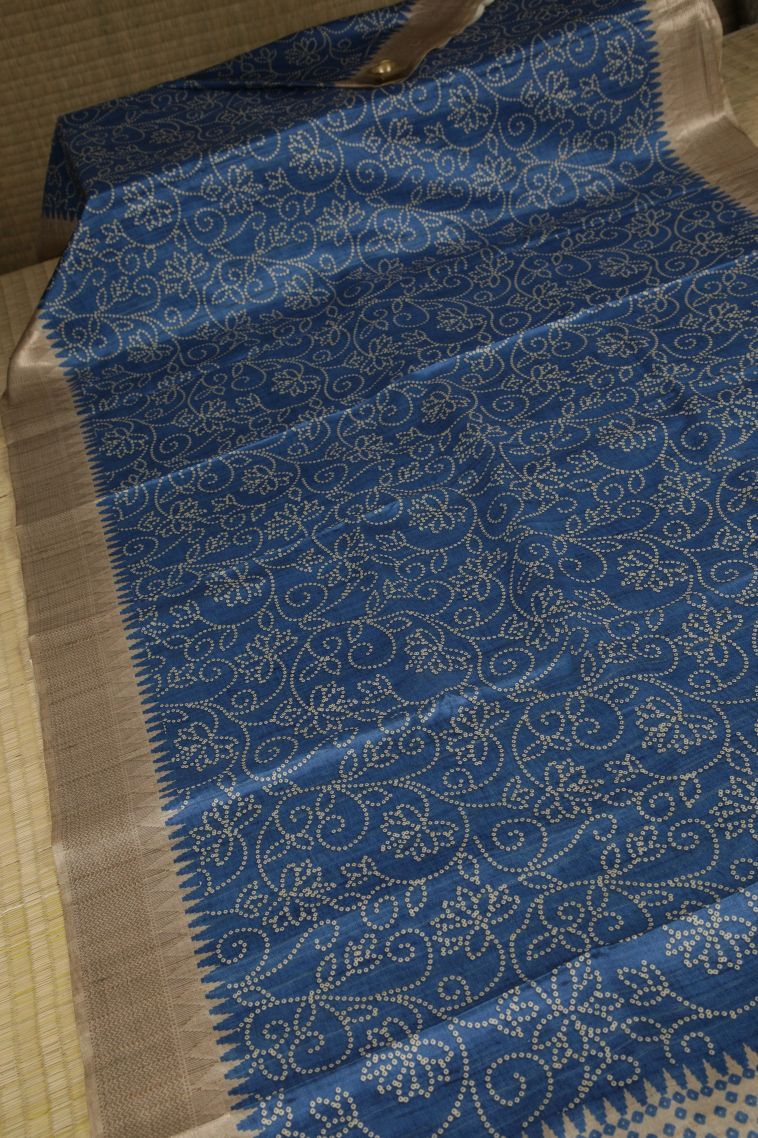 Aegean Blue Tussar Saree with Without Zari Zari Buttis (small Dots Or Motifs) view 2