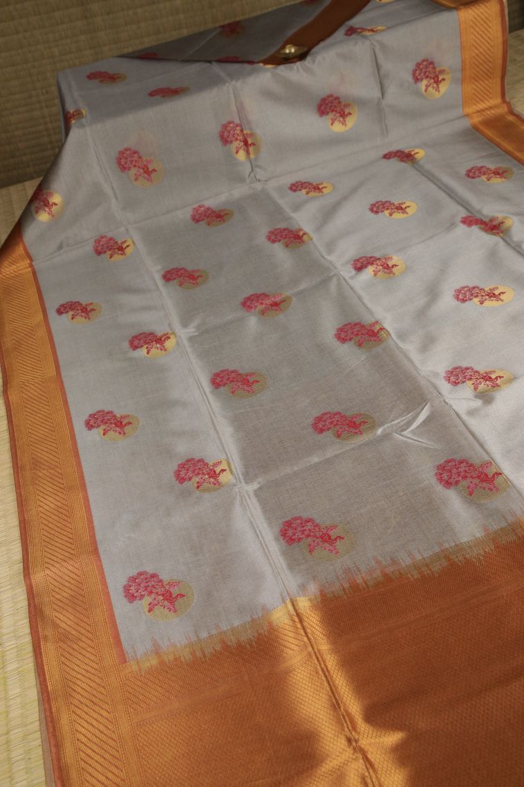 Gray Black Tussar Saree with Gold Zari Buttis (small Dots Or Motifs) view 2