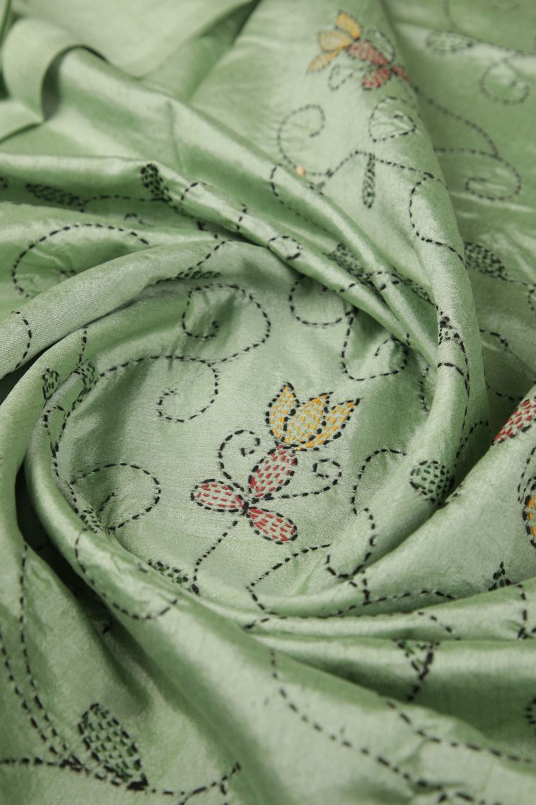 Mint Green Tussar Silk Saree with Without Zari Zari Floral Patterns view 4