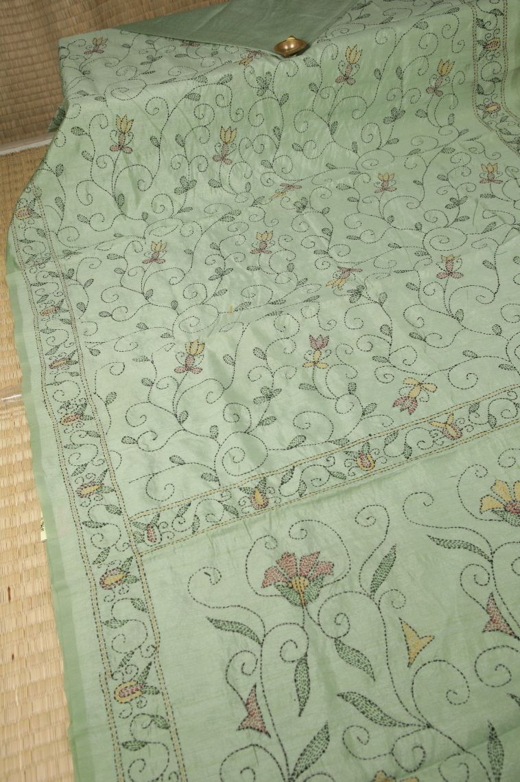 Mint Green Tussar Silk Saree with Without Zari Zari Floral Patterns view 2