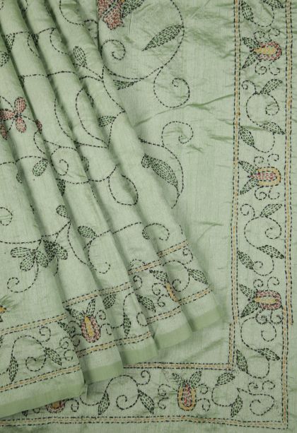 Mint Green Tussar Silk Saree with Without Zari Zari Floral Patterns