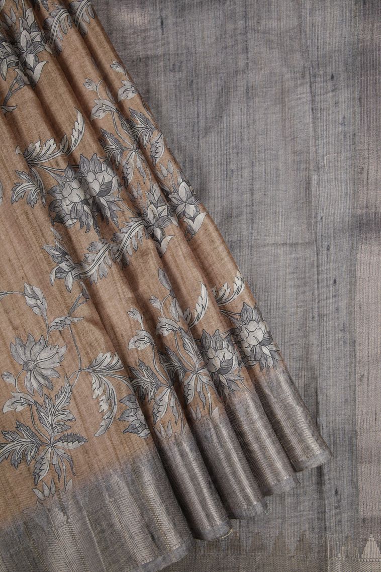Tortilla Brown Tussar Saree with Without Zari Zari Floral Patterns view 1