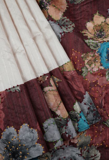 Chiffon White Tussar Silk Saree with Without Zari Zari Plain