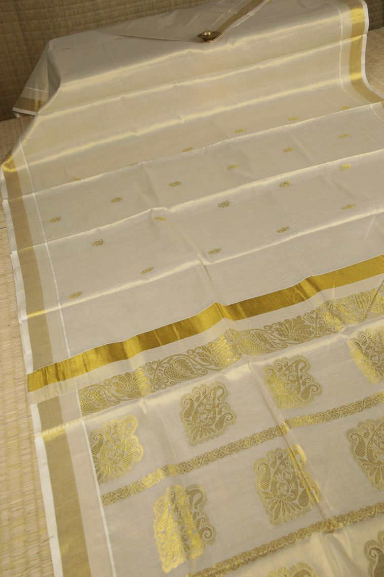 Cream White Silk Cotton with Gold Zari Buttis (small Dots Or Motifs) view 2