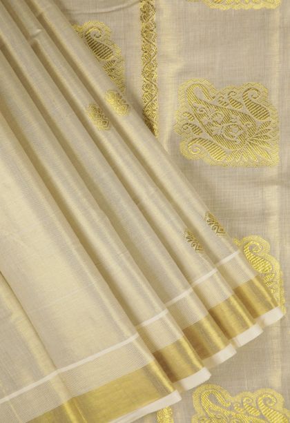 Cream White Silk Cotton with Gold Zari Buttis (small Dots Or Motifs)