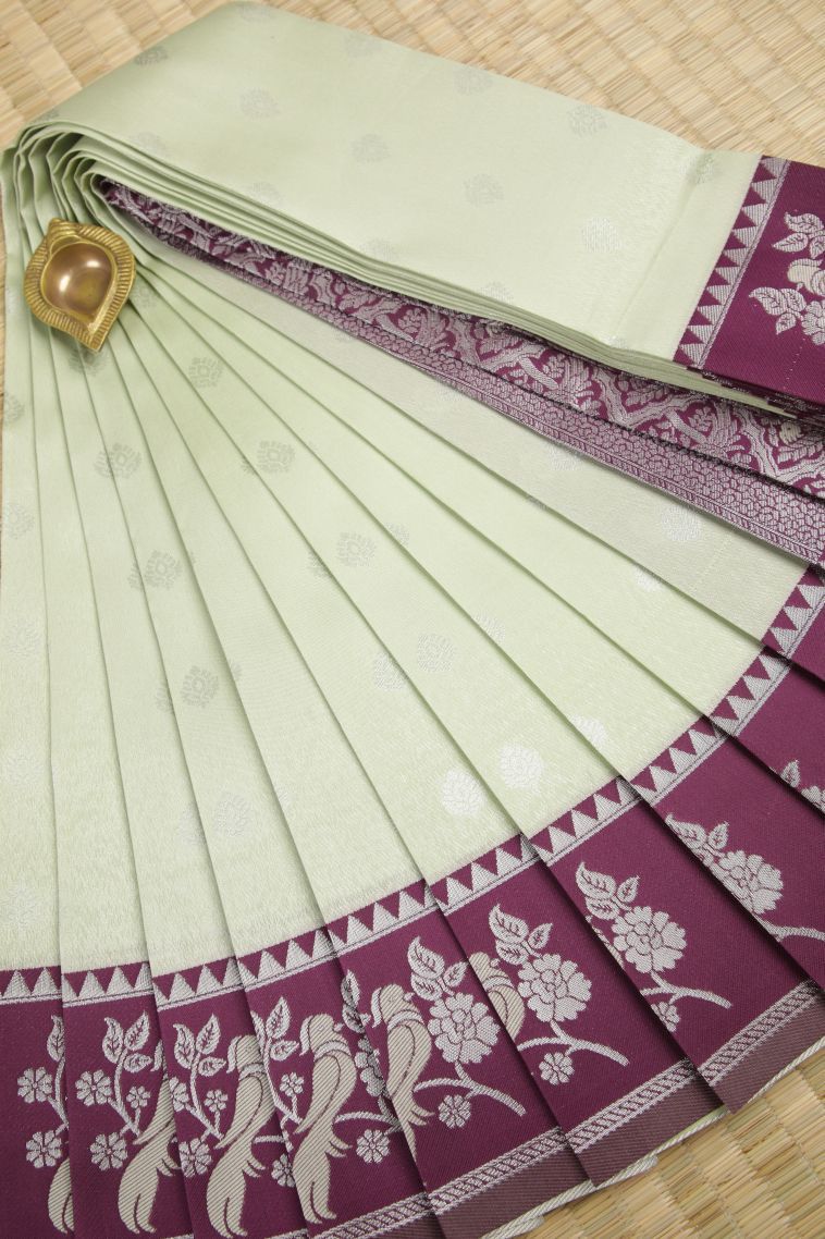 Pistachio Green Visiri Madippu Silk Sarees with Silver Zari Buttis (small Dots Or Motifs) view 1