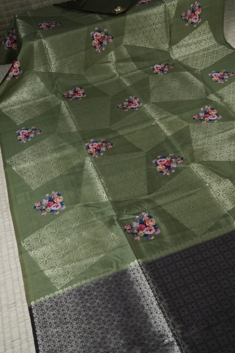 Juniper Green Tussar Saree with Without Zari Zari Floral Patterns view 2
