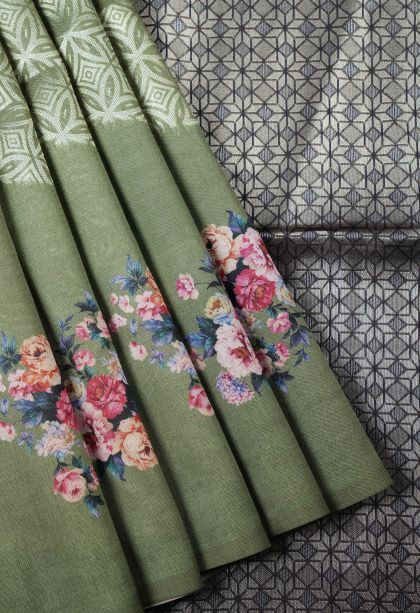 Juniper Green Tussar Saree with Without Zari Zari Floral Patterns