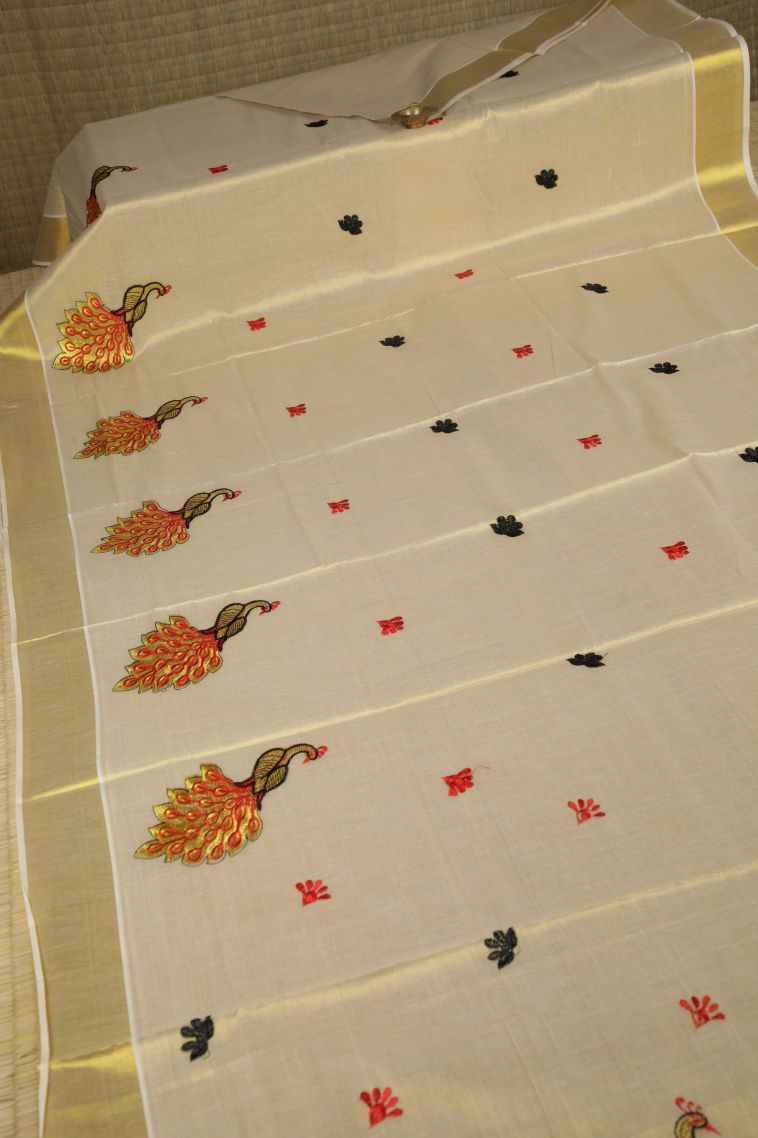 Cream White Silk Cotton with Gold Zari Buttis (small Dots Or Motifs) view 2